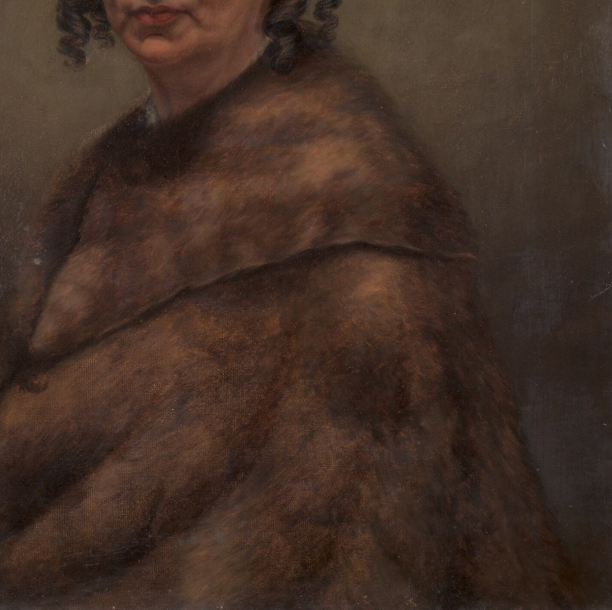 Her brushwork models the soft fur of a luxurious garment.