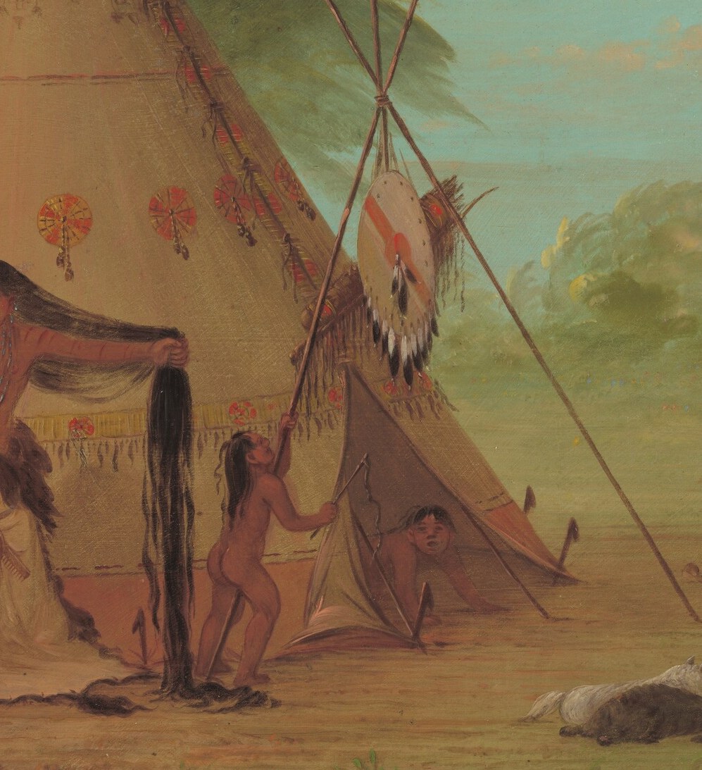 The open teepee suggests a domestic scene and provides context for the figures' activities.