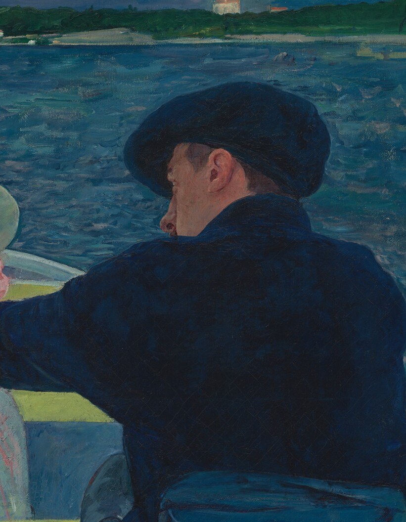 Reduced to near-silhouette against the bright water, the male figure is anonymous and looming , his anonymity was a radical compositional statement that strips him of individuality while the women are fully rendered