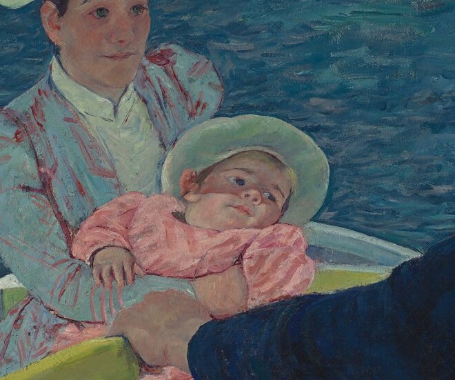 The child's pale clothing forms the luminous center of the painting, pulling both the woman's attention and the viewer's eye to the bond between them