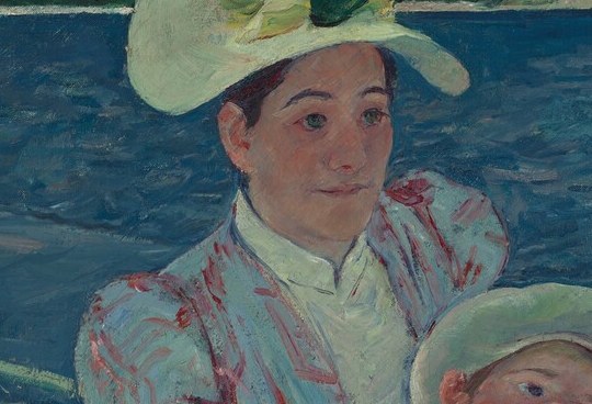 Her gaze is directed downward at the child rather than at the viewer, creating the quiet maternal inwardness that defines Cassatt's feminine subjects