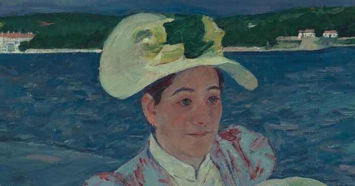 The hat's bold white mass anchors the left half of the composition; its flat, graphic silhouette signals the Japanese woodblock influence Cassatt absorbed in the early 1890s