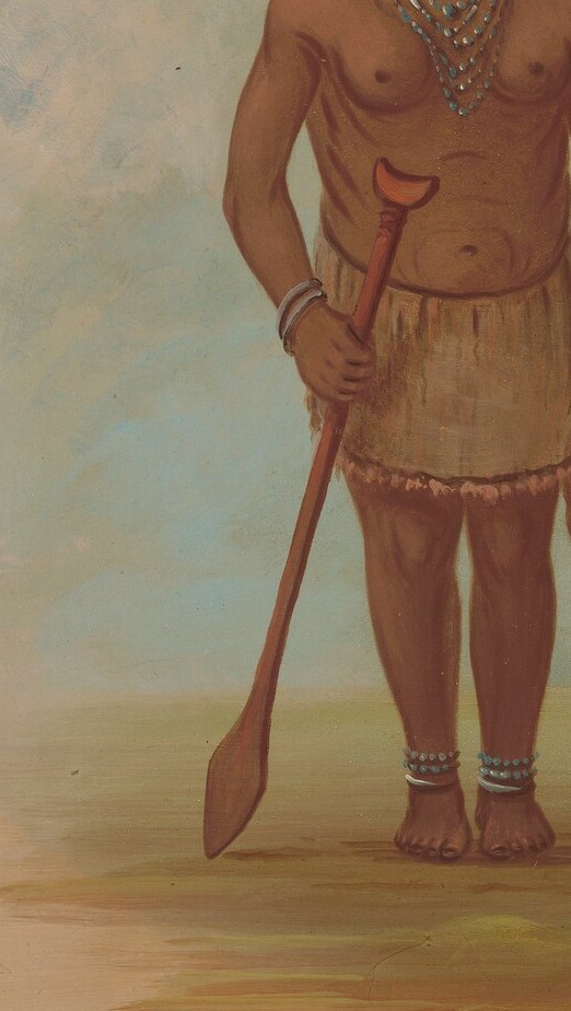 This weapon signifies readiness and a connection to traditional hunting or defense practices.