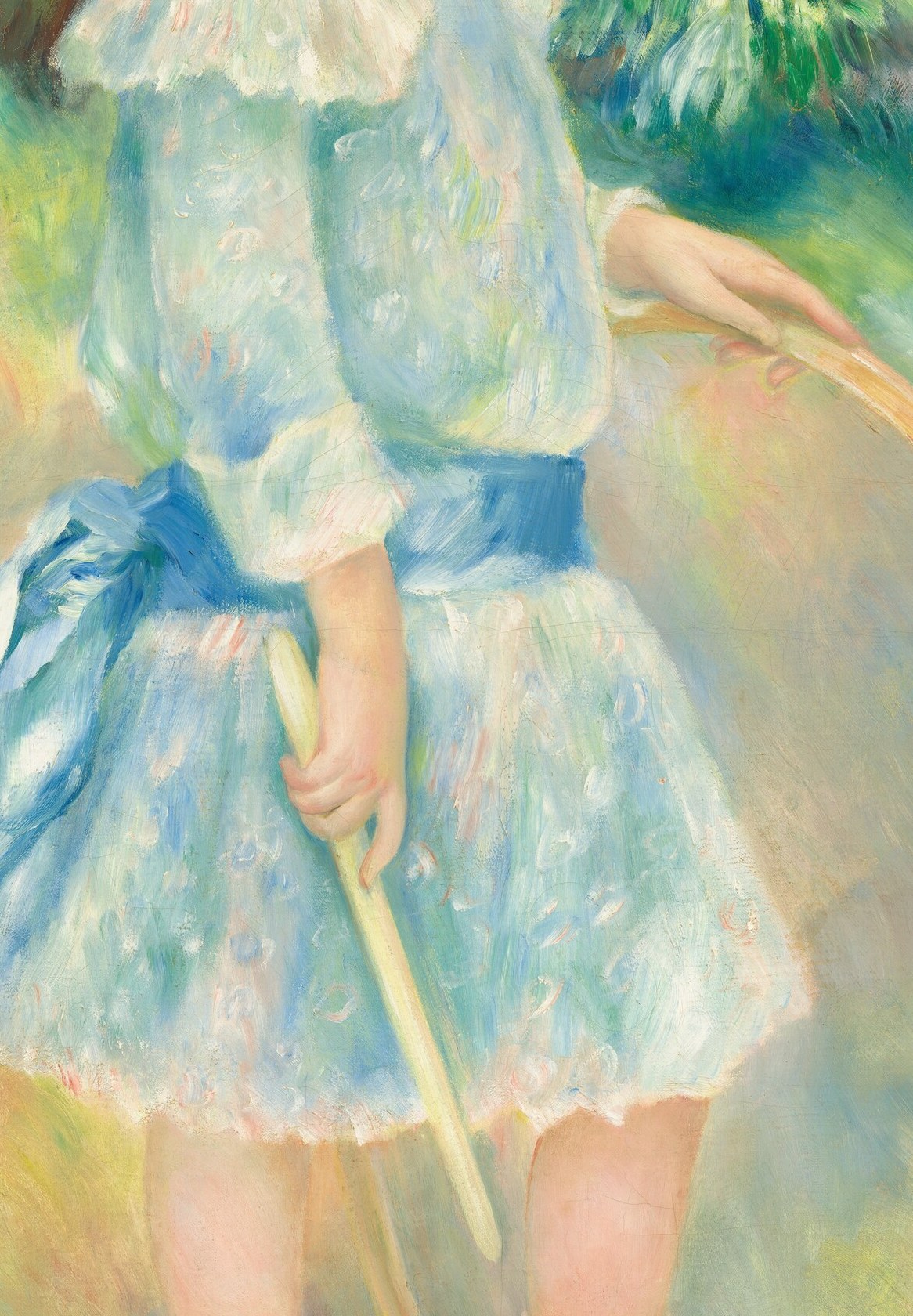 She wears a delicate light blue dress, painted with soft, fluid strokes.