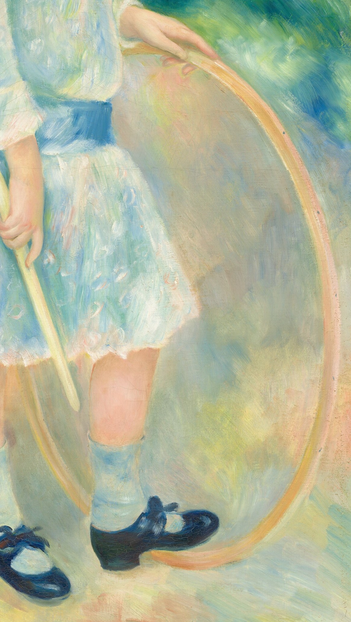A large wooden hoop, a common toy, grounds the painting.