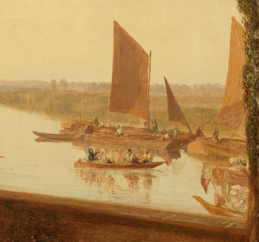 These vessels are key to the scene's narrative, indicating travel and commerce on the Thames.