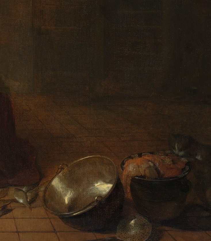 The warm reflective surfaces of beaten metal create the painting's richest texture passage and signal household prosperity.