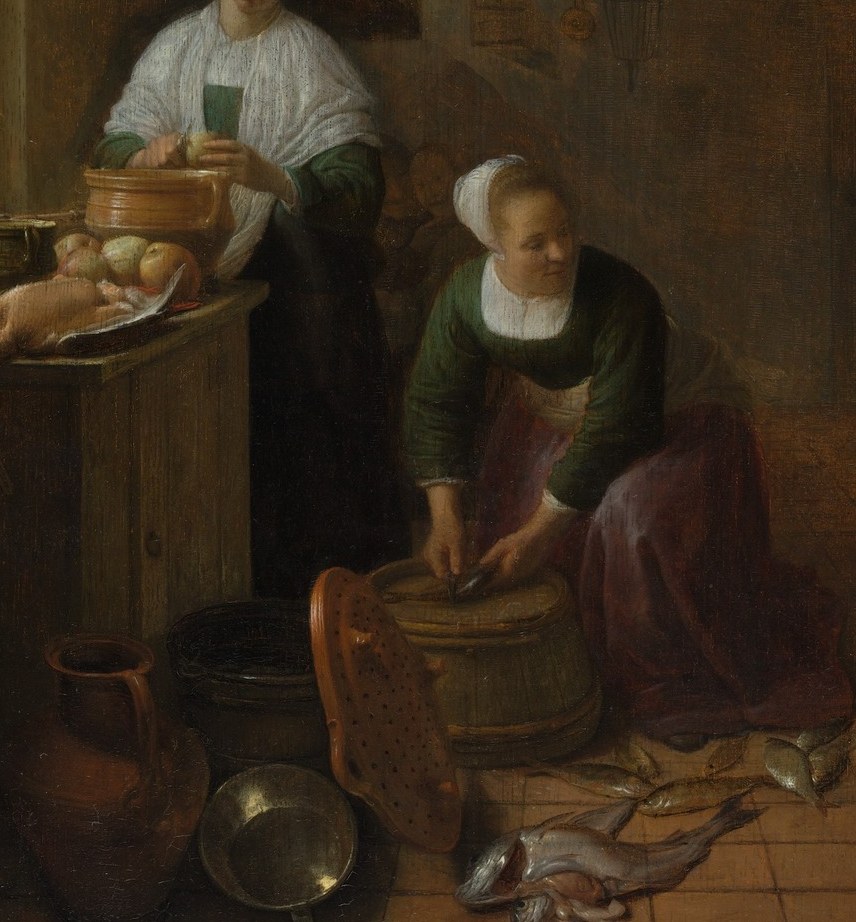 The lower figure's bent posture, focused labor, and placement on the floor signal her subordinate role; her action drives the scene's narrative.