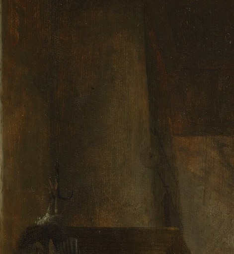 Her downward gaze and composed expression anchor the scene in quiet domestic concentration , the closest thing to a psychological portrait in this image.