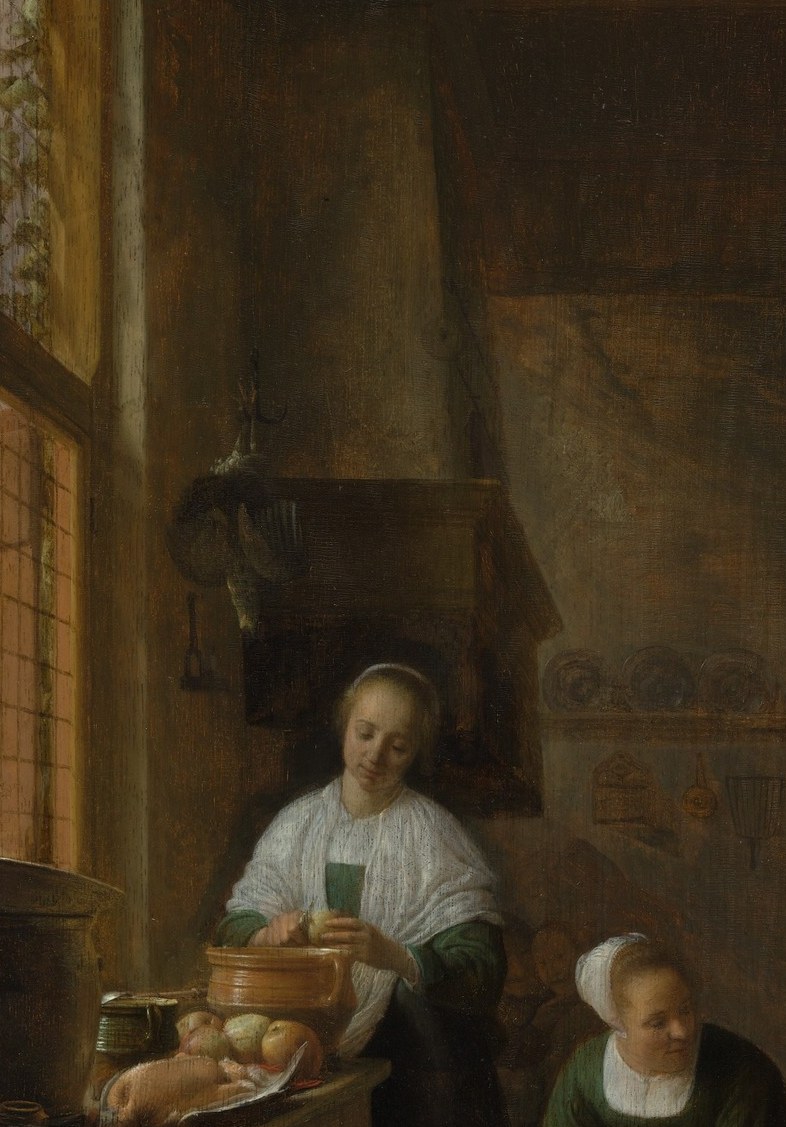 The dominant vertical figure; her upright posture against the kneeling woman creates the painting's social and compositional hierarchy.