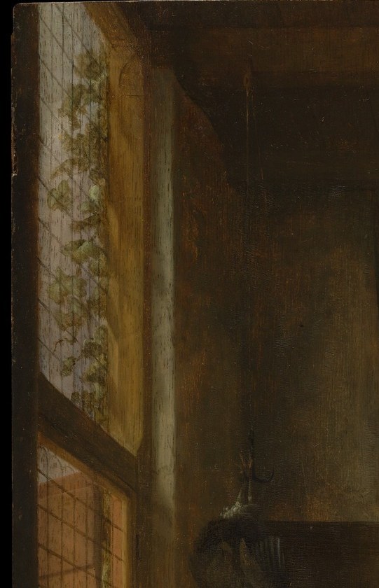 The sole light source; Sorgh uses it to split the room between warm illumination and deep shadow , a textbook Dutch interior technique worth examining for its gradient.