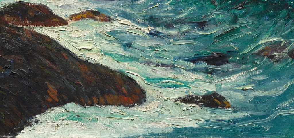 These imposing forms anchor the composition and are dramatically lit by the sea spray.