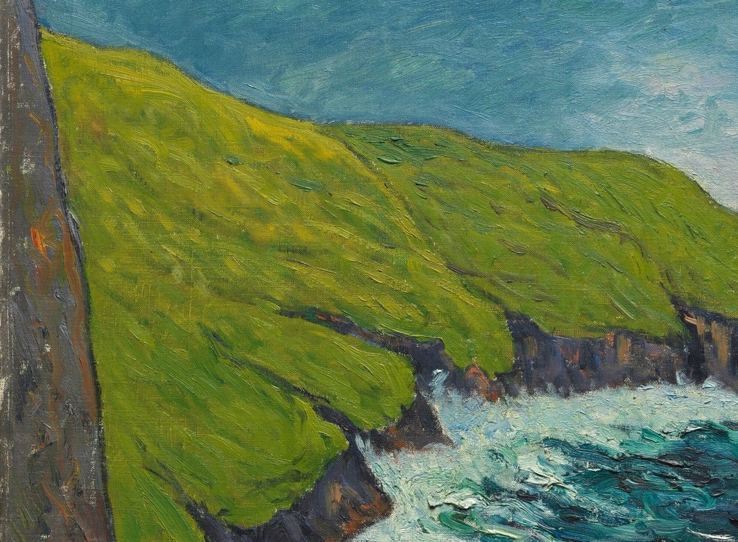 Notice the thick paint on the cliff face, almost sculptural.