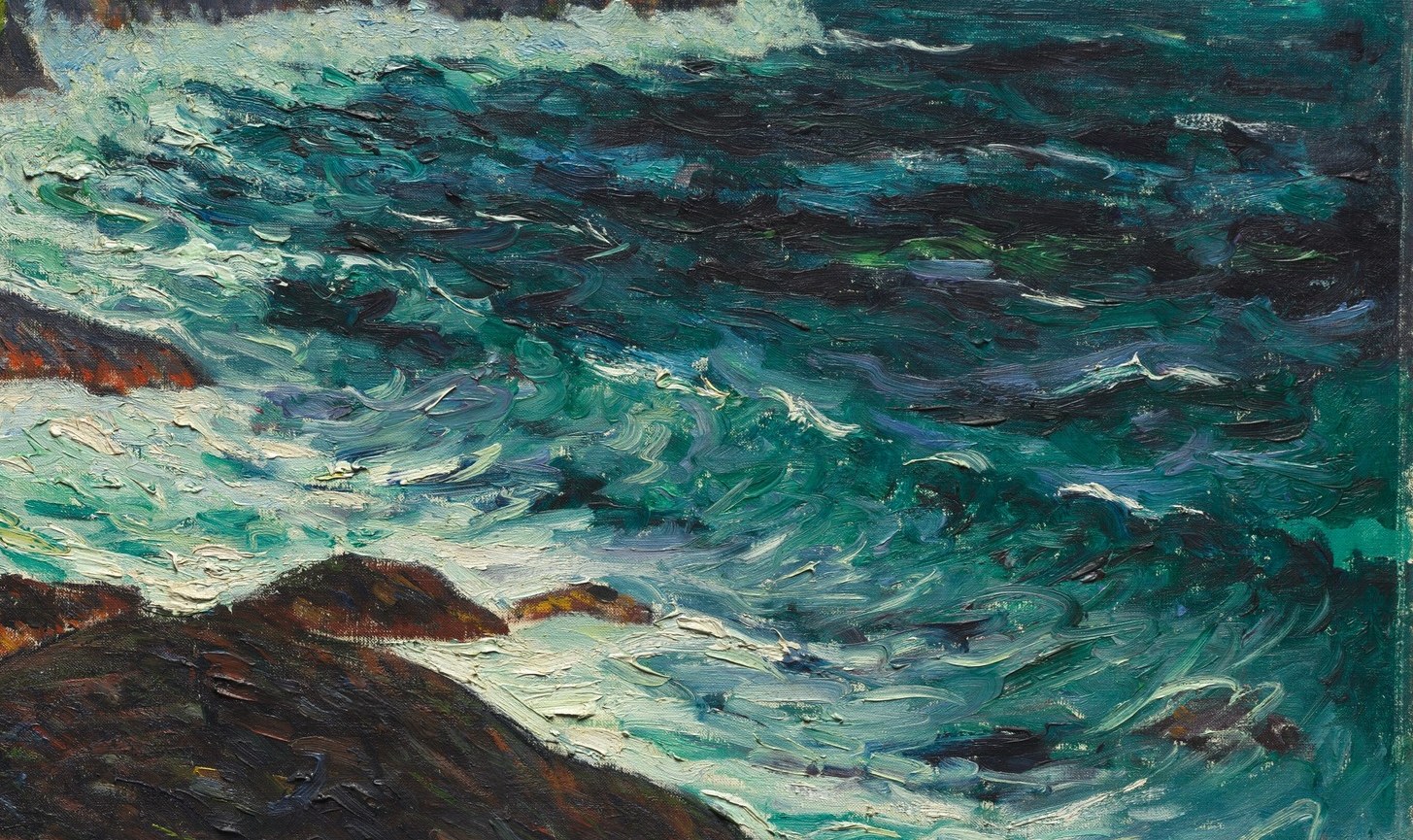 He captures the sheer power of the waves hitting rock.