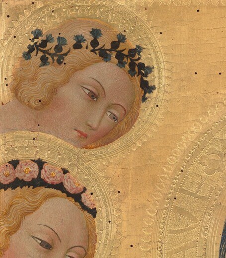 Symmetrically positioned heavenly courtiers whose floral crowns mirror the right-side group , together they form a celestial frame rooted in Byzantine icon tradition