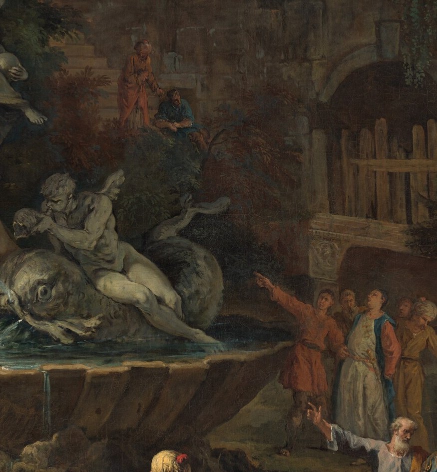 A dynamic mythological scene with sea creatures, symbolizing life and movement amidst ruins.