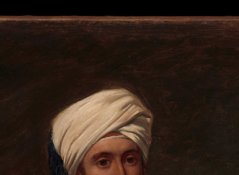 Dominant identifying element of Orientalist costume; its bright white contrasts the warm palette and draws the eye immediately to the sitter's status and identity.