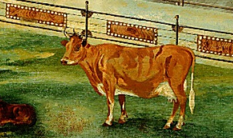 A prominent animal, showcasing the agricultural focus and the artist's rendering of livestock.