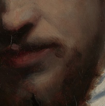 The reddish-brown beard adds a touch of warmth and texture to the otherwise somber portrait.