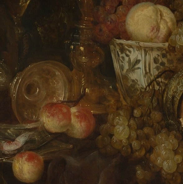 Chinese export ware imported via the VOC appears in countless Dutch still lifes as a direct symbol of global trade wealth; the cobalt blue pattern is legible even in shadow and encodes the era's mercantile pride.