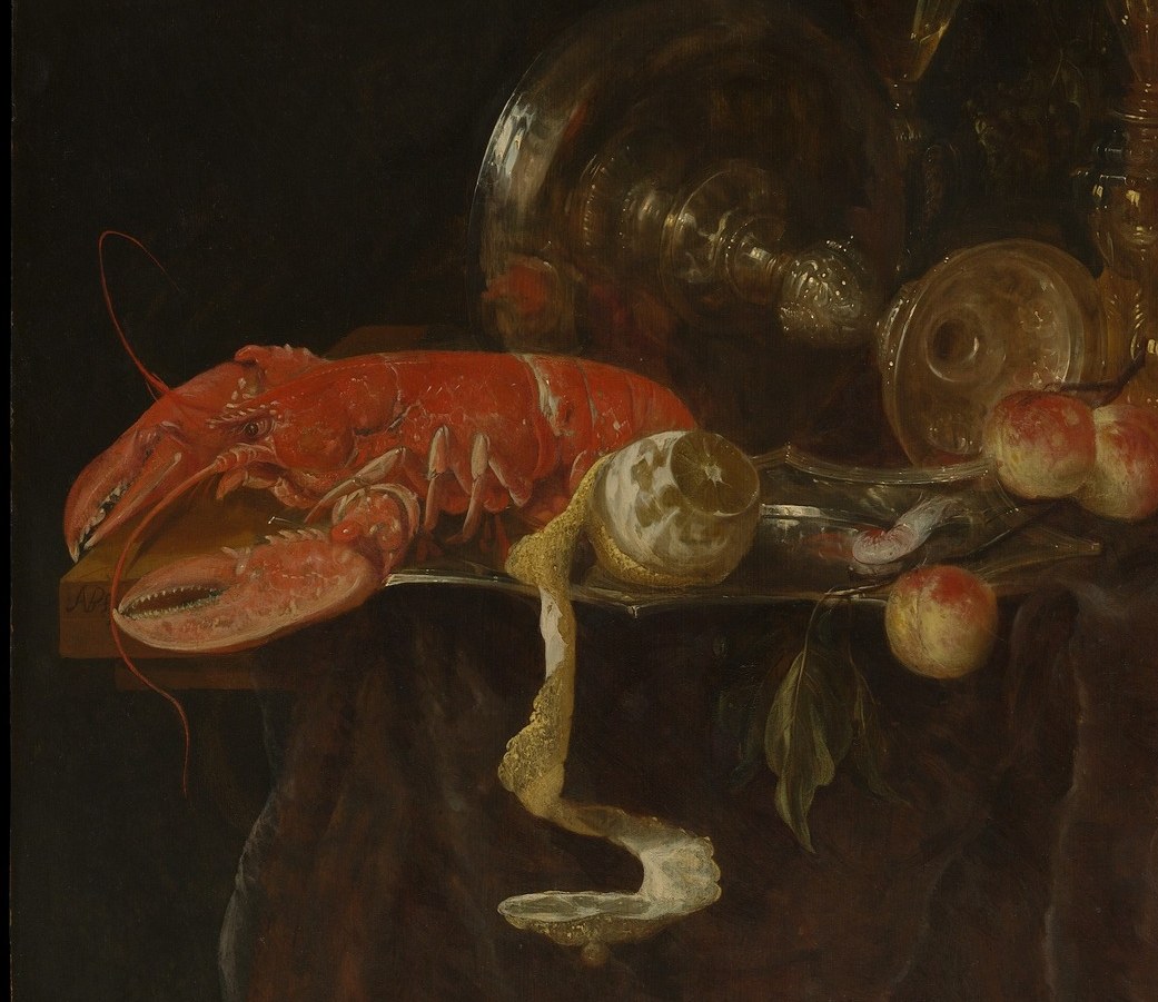 The scarlet carapace is the compositional anchor; its vivid hue against near-black background is the first thing every eye lands on, and its texture , segmented shell, forked tail , is a tour-de-force of impasto.