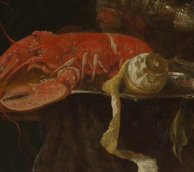The iridescent, wet interior of the oyster demands close reading; oysters in Dutch still life carry dual meaning (luxury seafood and erotic allusion), and the painter exploits the nacreous reflections with bravura brushwork.