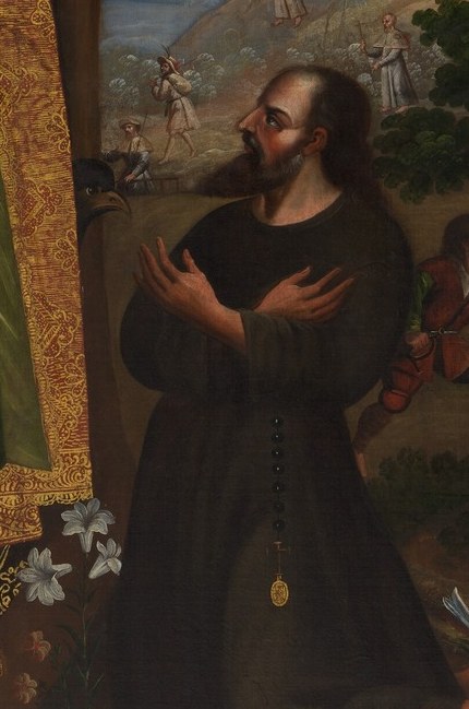 The kneeling figure prays for divine intervention.