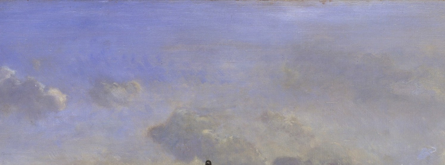 A sweeping, luminous cloud formation occupies more than a third of the canvas , typical of Jongkind's proto-Impressionist sky work and the element most likely to carry cinematic atmosphere in a close-up.