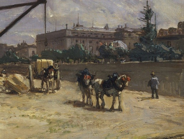 A horse and cart with attendant workers at right ground the scene in daily labor, giving the painting human scale and animating the otherwise heavy industrial mood.