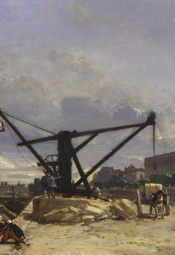 The dominant industrial landmark of the scene , a wooden hoisting crane dominates the mid-ground, symbolizing the working waterfront of 1850s Paris and anchoring the composition vertically.