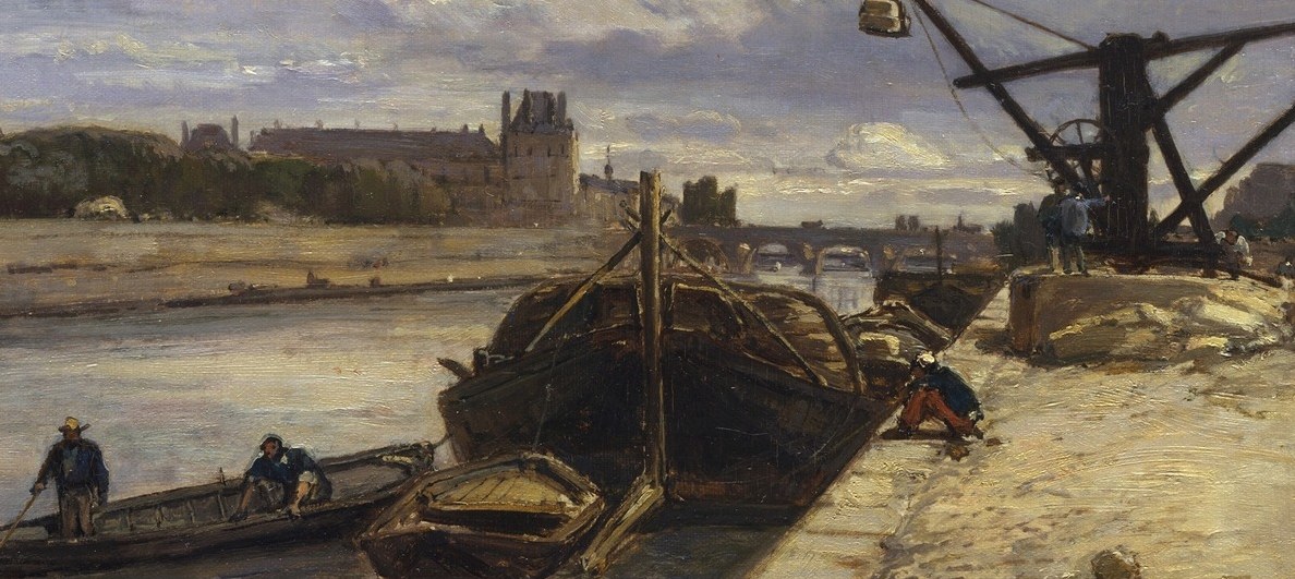 The massive hull of a Seine barge fills the foreground left, its bulk contrasting with the open sky , a record of river commerce that would soon be overshadowed by the railway age.