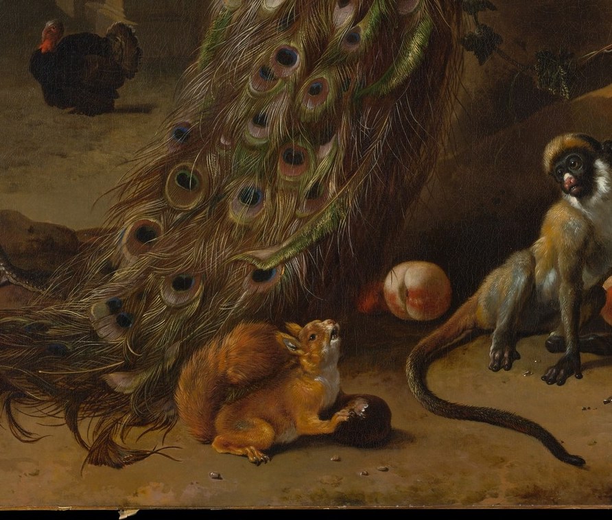 A still-life-within-the-animal-painting; the cut melon and spilled grapes introduce a vanitas undertone , abundance and decay side by side