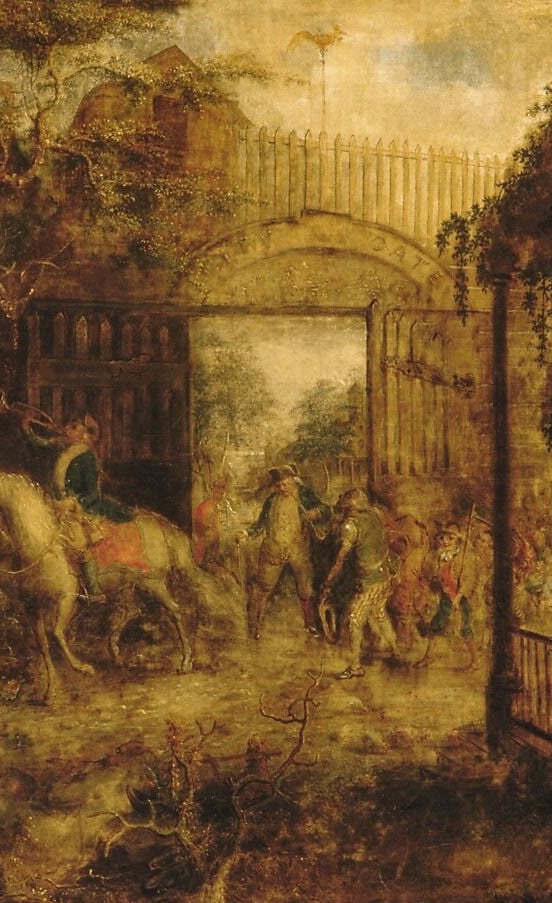 The artist painted this scene long after the real gate was gone.