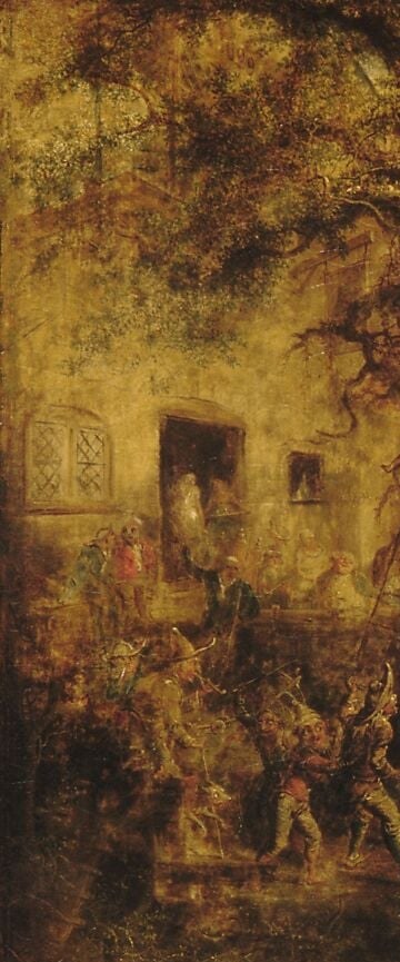 Quidor uses the trees as a repoussoir device, pushing the eye toward the gate; the gnarled silhouette adds a Romantic sense of wildness pressing against Dutch order.