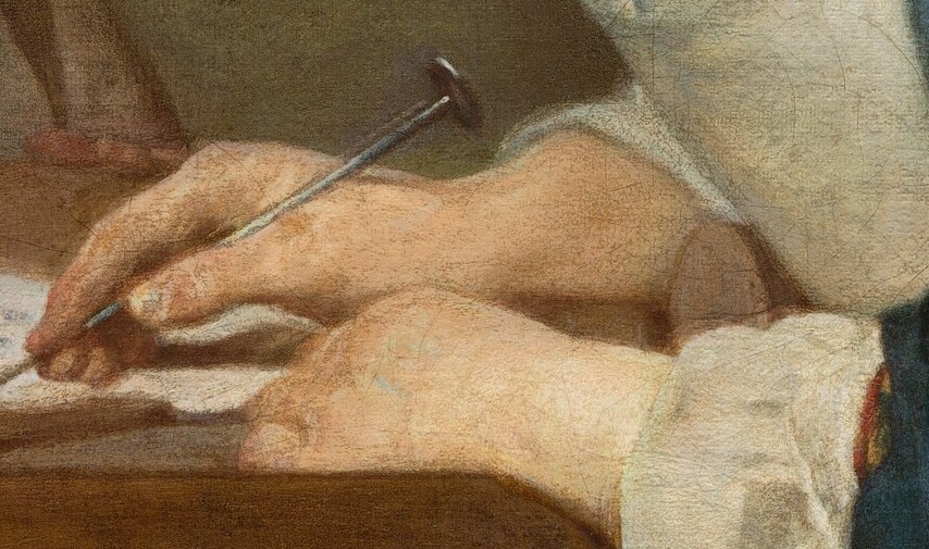 Here, a young woman teaches a boy to write.