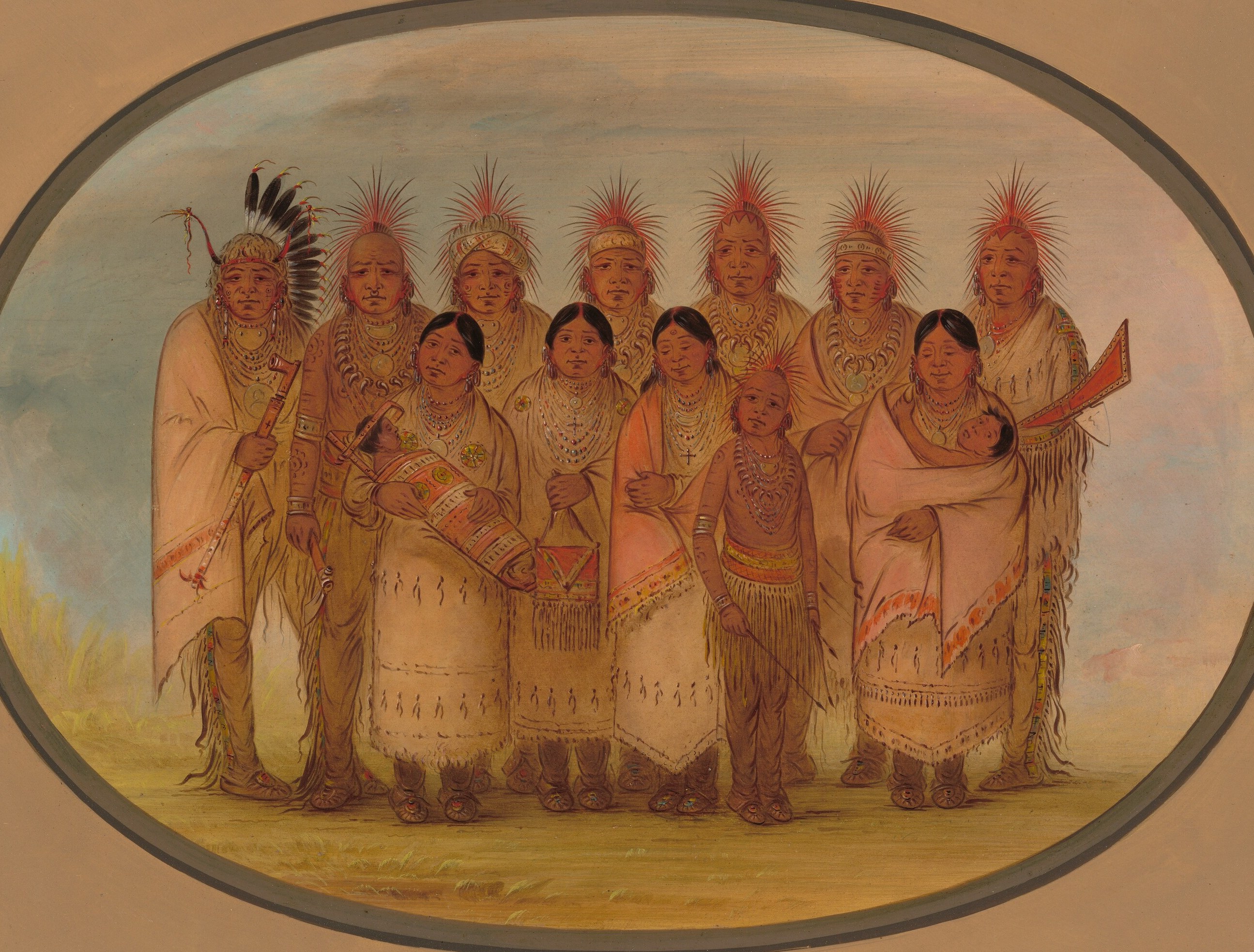 The strong oval frame isolates the figures, emphasizing their importance and creating a distinct visual space.