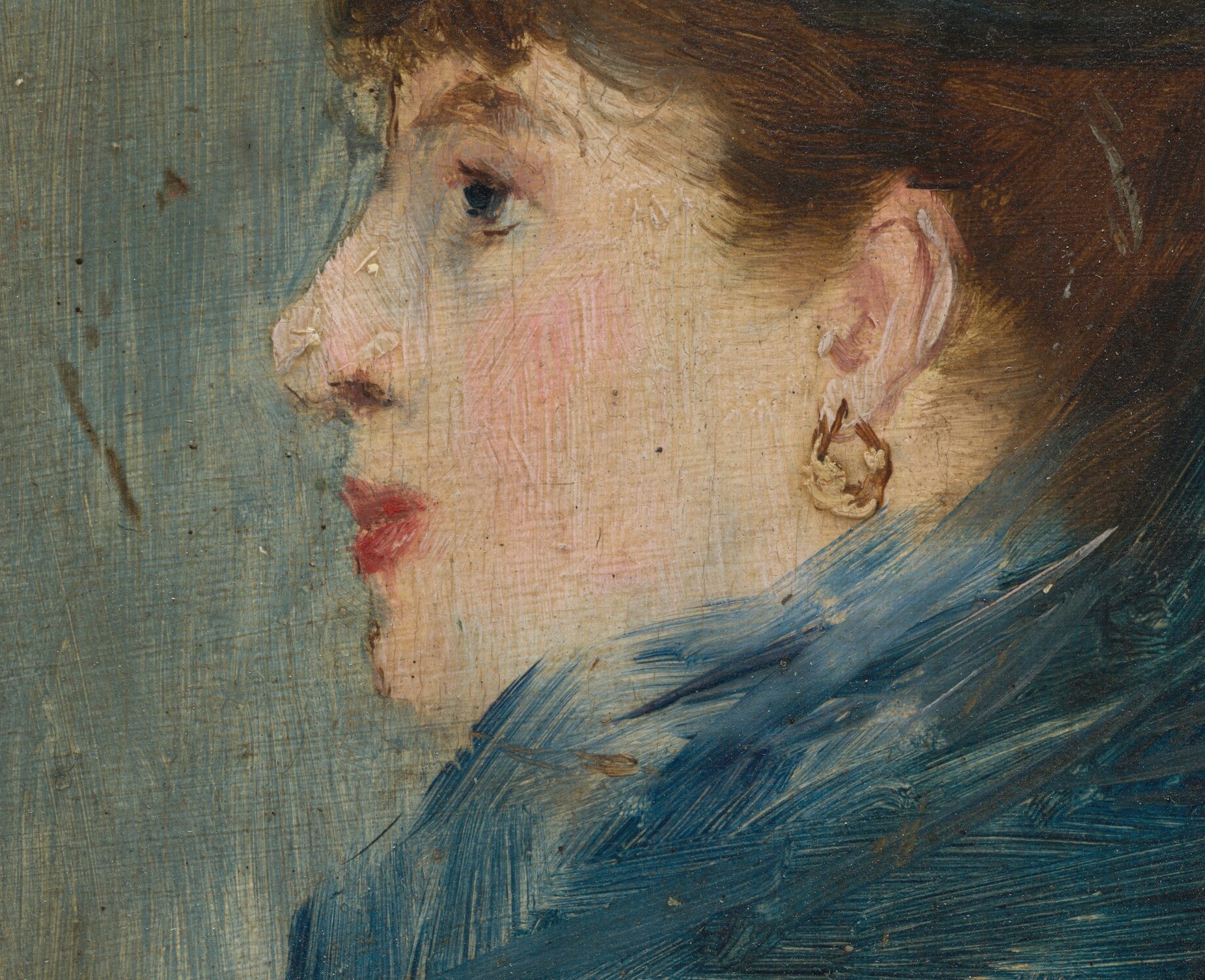 Delicately highlighted silk shows the artist's textile virtuosity; pale blue required expensive pigment and signals prosperity.