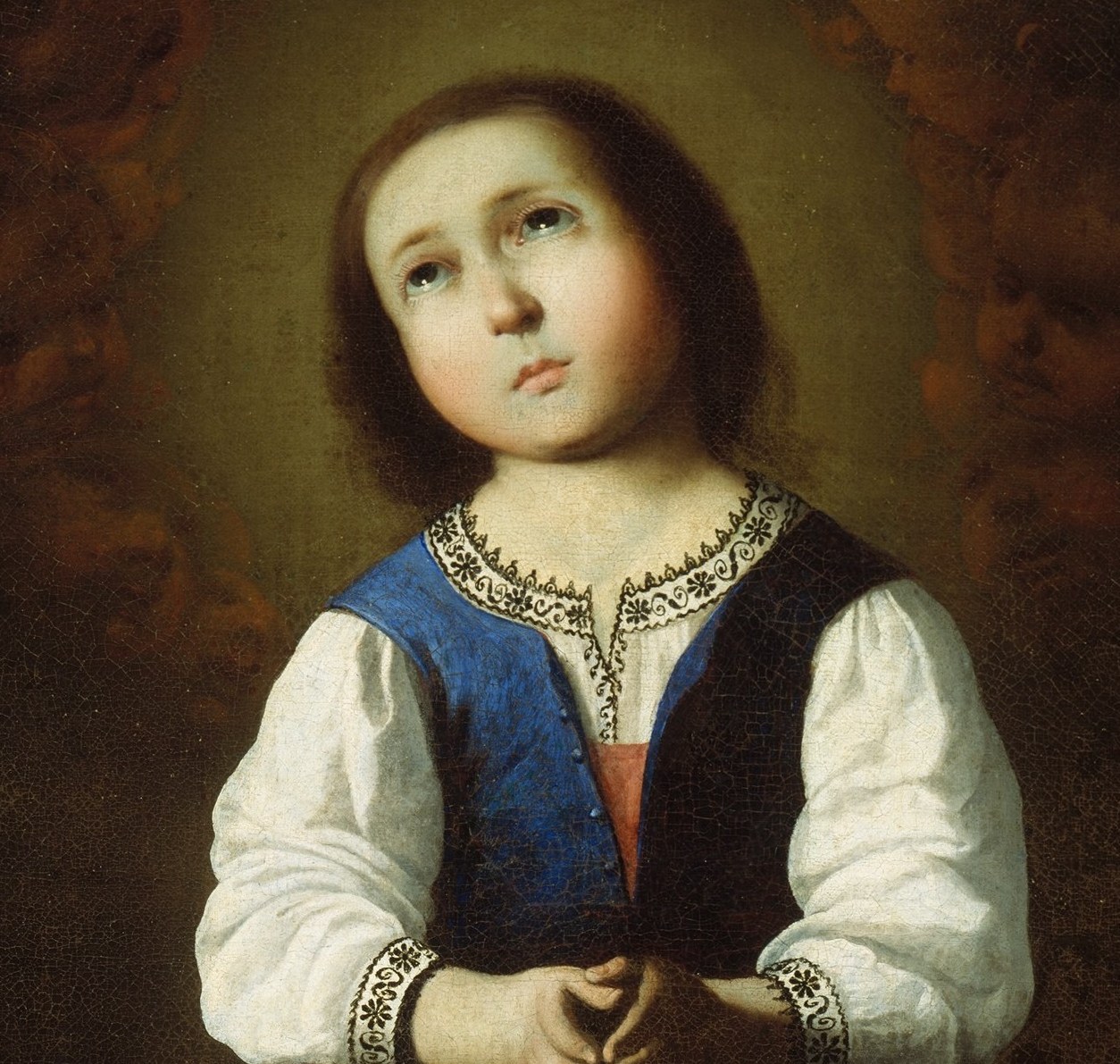 Zurbarán's hallmark textile mastery , the blue reads as lapis-rich, anticipating the blue mantle Mary will carry in mature iconography