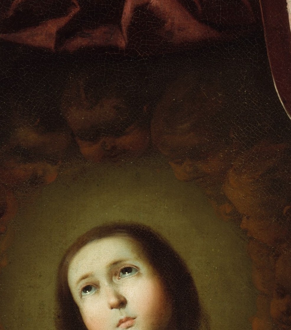 Her serene, upturned expression defines the painting's emotional core , spiritual ecstasy rendered in a child's features