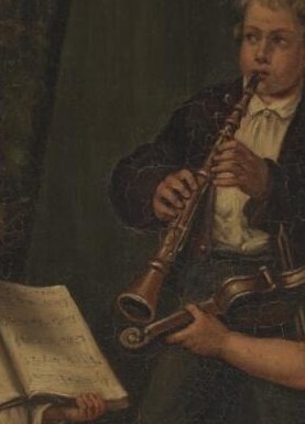 The boy's engaged playing and the detailed rendering of the instrument highlight the musical activity.