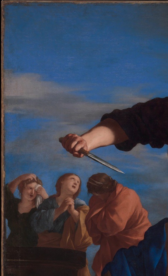 A hooded priest drives the diagonal straight toward her neck.