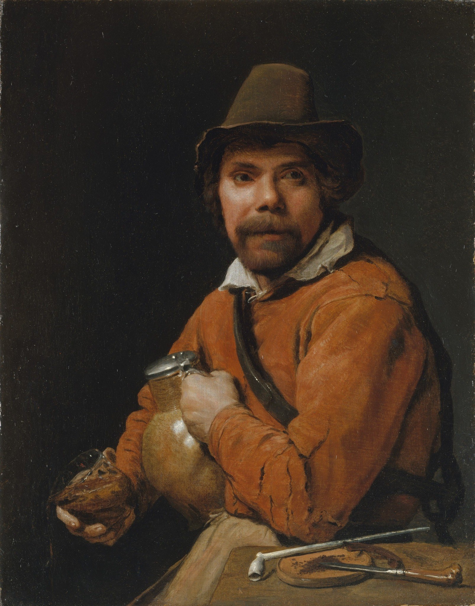 The deep, dark background isolates the figure, emphasizing his presence and the details of his attire.