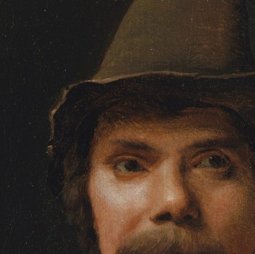 The hat's shape and shadow contribute to the overall somber mood of the portrait.