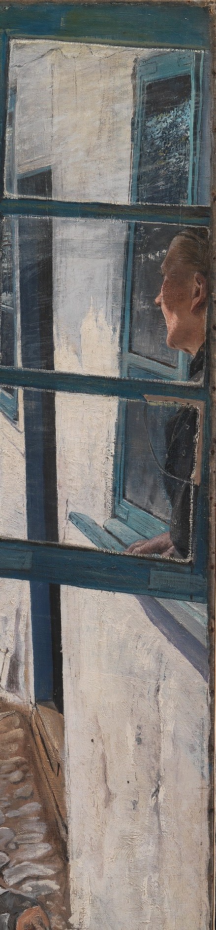 The artist painted this same deep blue on the door frame.