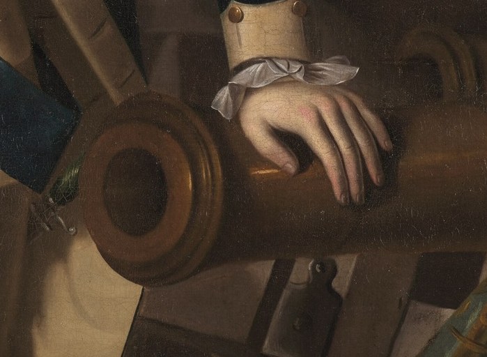 This powerful symbol of warfare grounds the portrait in the context of the Revolutionary War.