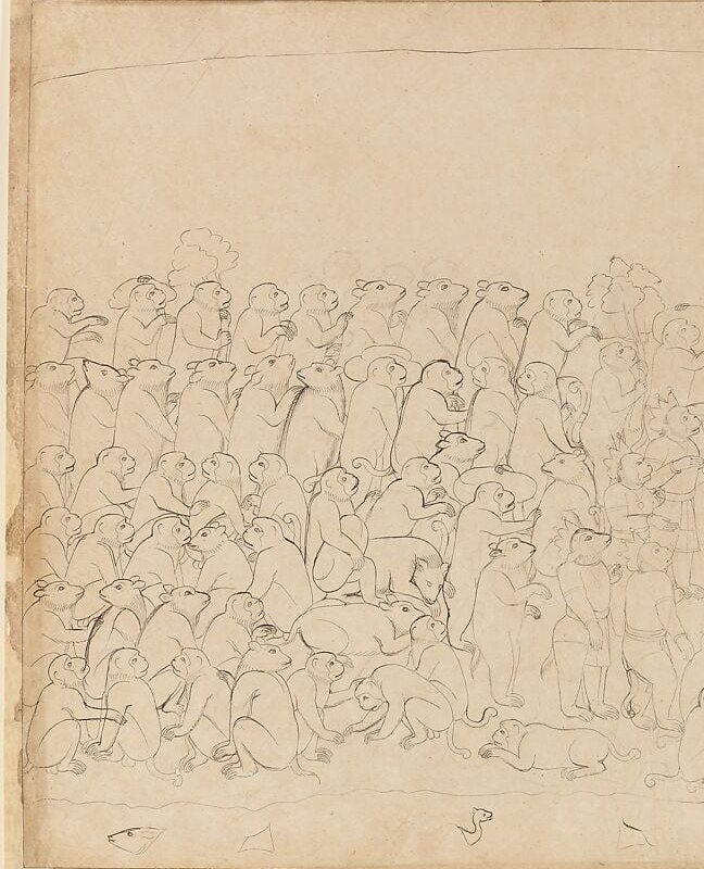Manaku packs hundreds of Vanara warriors into interlocking rows with no breathing space , the sheer accumulation communicates the biblical scale of Rama's forces more than any single hero could