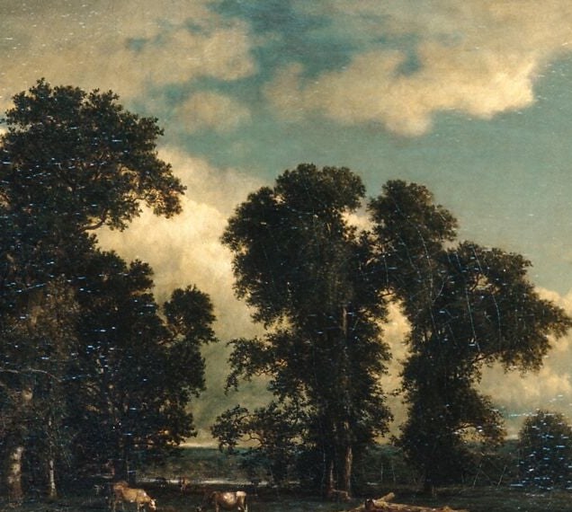 The dominant vertical anchor of the composition; their dark silhouettes against the bright sky create the painting's defining tension between shadow and light.