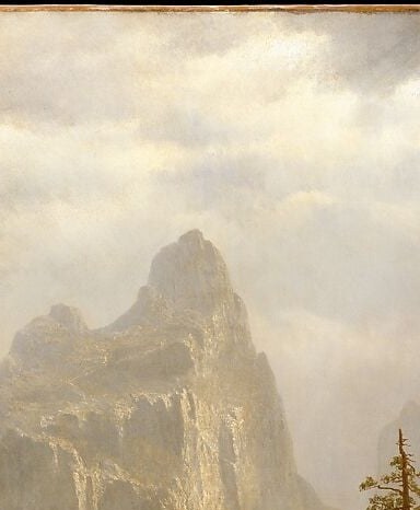 The compositional apex and emotional anchor of the painting , its sheer verticality against the stormy sky embodies Bierstadt's sublime; the peak dissolves into mist at its summit, making it feel boundless rather than finite.