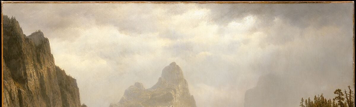 Heavy layered clouds lit from within by diffuse light , the sky is as geologically dramatic as the rock below it, suggesting an ongoing weather event that heightens the painting's sense of sublime threat.