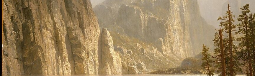 The river acts as a horizontal mirror bisecting the composition; its stillness reads as peace or timelessness against the turbulent sky above, and it optically doubles the height of the cliffs through reflection.
